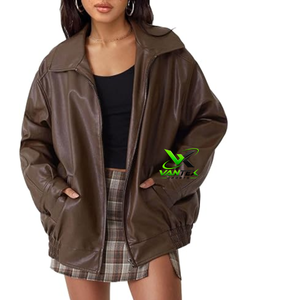 Blouson décontracté en similicuir PU noir tressé pour femme, col rabattu, fermeture éclair, avec poches, coupe ample, printemps-hiver - Product Image 3