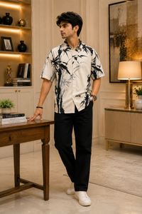 Chemise à manches courtes pour homme en coton à imprimé floral de feuilles de bambou, col rabattu, boutons sur le devant, couleur blanche, coupe décontractée, vêtement de luxe - Product Image 2