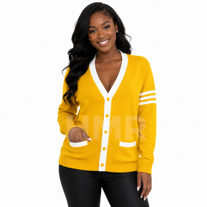 HMR Sorority Sisterhood Acrylic Yellow Knitted <b>Cardigan</b> V-Neck Long Sleeve Preppy Style Contrast Color <b>Button</b> - Product Image 1