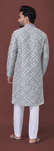 Kurta en coton gris imprimé pour homme avec churidar blanc, style indien pakistanais traditionnel, coupe régulière, longueur cheville, pour tenue décontractée - Product Image 3