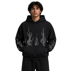 เสื้อฮู้ดดี้ปักลาย Black Flame ประดับเพชรเทียม สำหรับผู้ชาย ทรงโอเวอร์ไซส์ ผ้าฟลีซ พิมพ์โลโก้ได้ สไตล์สตรีทแวร์ หนานุ่ม ใส่สบาย เหมาะสำหรับฤดูหนาว - Product Image 1