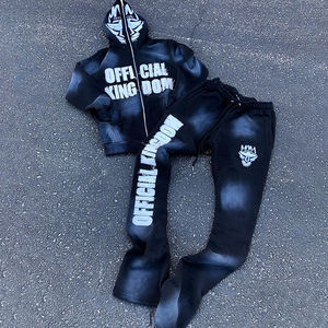 Survêtements streetwear tendance et personnalisés pour hommes, effet usé et déchiré, avec broderie, 100% coton, ensemble deux pièces pour l'hiver - Product Image 1