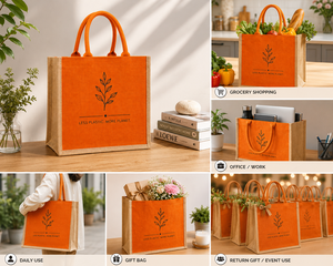 Orange Recycled Jute Shopping <b>Bag</b> with Leaf Design Silk Screen <b>Medium</b> <b>Size</b> Hand Carry Wedding Grocery Tote - Product Image 4
