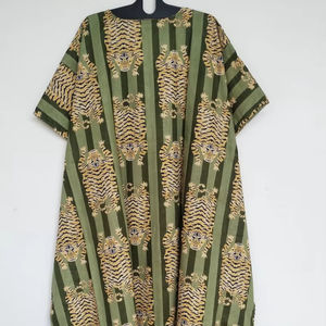 Vestido Kaftán de Algodón con Estampado de Tigre Verde Hecho a Mano, Kimono Indio, Túnica Ligera, Ropa Bohemia para Vacaciones - Product Image 1