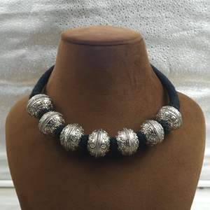 Handmade Oxidized <b>Silver</b> Beaded Statement Necklace, Green Thread Rope Chunky Tribal Necklace, Wholesale Bohemian Jewelry - Product Image 2