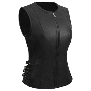 Chaleco de cuero para motocicleta para mujer, chaqueta sin mangas de cuero genuino para damas, estilo motero, ropa de moda - Product Image 1