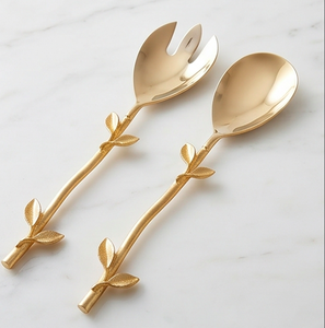 Juego de utensilios para servir ensalada con diseño de hoja dorada, elegantes utensilios metálicos aptos para lavavajillas, para ocasiones de boda - Product Image 1