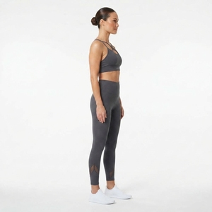 Women Mid Waist Solid Mesh Panel <b>Leggings</b> and Criss Cross Front Logo Sports Bra Two Piece Fitness <b>Activewear</b> Set - Product Image 4