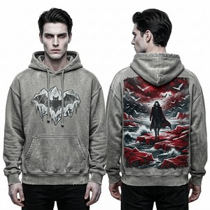 Custom Tidal Wave Graphic Hoodie Mens Ocean Theme Blue Pullover Sweatshirt Heavyweight Vintage Wash Oversized Streetwear Hoody - Product Image 2