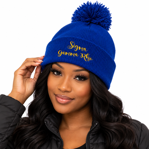 Gorro de Punto Azul Rey con Letras Bordadas en Amarillo, Gorro de Invierno con Pompón, Borde Plegado, Suave, Cálido, Informal, Unisex para Exteriores - Product Image 1