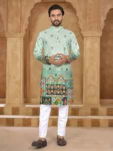 Conjunto de Kurta y Pijama para Hombre, en Rayón Pesado, Bordado, con Estampado de Diseñador - Product Image 2