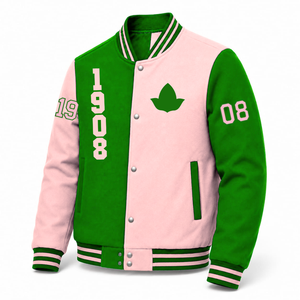 เสื้อแจ็คเก็ตวาร์ซิตี้ Alpha Kapa Alpha Sorority แบบสั่งทำ สีเขียวและชมพู แขนยาว ซิปด้านหน้า คอเสื้อมีแถบ ปักโลโก้ ผ้าฝ้าย - Product Image 2