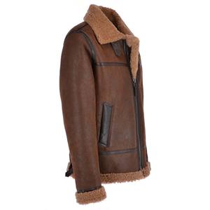 เสื้อแจ็คเก็ตหนังสีน้ำตาลคอนยัคสำหรับผู้ชาย  ปกขนสีแทน  เสื้อโค้ทขนแกะสำหรับฤดูหนาว  หนังแกะแท้บุขนแกะอุ่น  แจ็คเก็ตสไตล์นักบิน - Product Image 2