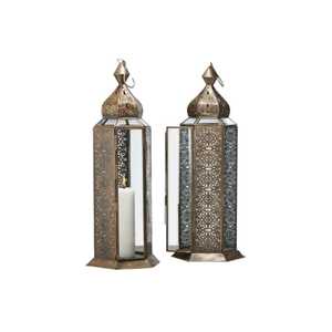 <b>Gold</b> finish hexagonal <b>lantern</b> with colored glass panels domed top ornate cutout patterns small handle warm yellow orange glow - Product Image 6