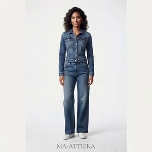 Ensemble veste en jean bleu et jean large pour femme, tenue décontractée en denim deux pièces, vêtements de mode streetwear - Product Image 1
