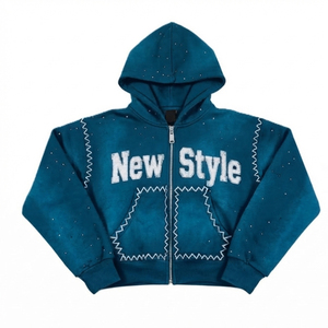 Sudadera con capucha de algodón French Terry con cremallera y pedrería, con efecto deslavado y logo personalizado, para venta en línea - Product Image 2