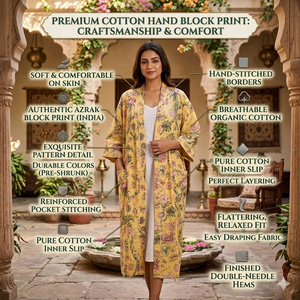 Robe kimono en coton artisanal de qualité supérieure à motifs floraux pour femmes |   Robe de chambre imprimée à la main |   Peignoir de luxe confortable pour dormir - Product Image 6