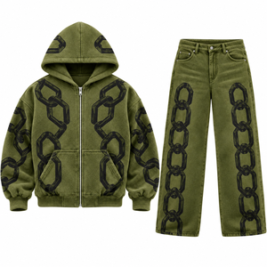 Ensemble sweat à capuche et pantalon unisexe en molleton vert olive 100 % coton, coupe oversize, style streetwear décontracté - Product Image 1