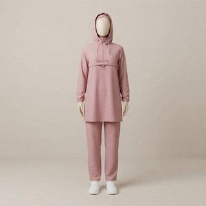 Ensemble de survêtement islamique 2 pièces à capuche et manches longues pour femme REDDITO, broderie, coupe classique, couleur unie, polaire, écologique, automne - Product Image 1