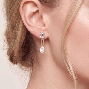 Modernist 3.33 ctw Emerald & Pear Cut Lab Grown Diamond Paperclip Link Earrings 18K Yellow Gold - Product Image 4