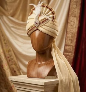 Safa de mariage royal or ivoire pour le marié, turban artisanal en perles et plumes, couvre-chef traditionnel indien pour cérémonie, vente en gros - Product Image 5