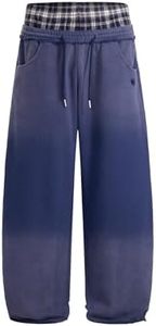 Double Waist Washed Baggy Sweatpants Loose Wide Leg <b>Plaid</b> Patchwork Casual Pants with Pockets - Product Image 4