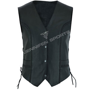Chaleco de Motociclista de Cuero Negro para Mujer, Chaleco de Motociclista con Paneles Laterales Elásticos, Cordones Laterales, Cierre de Cremallera Delantero, Estilo Clásico - Product Image 1