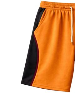 Shorts de sport pour hommes, orange et noir, avec empiècements contrastés, en polyester et coton, avec cordon de serrage, taille élastique, pour la gym, l'entraînement, décontractés, été - Product Image 3