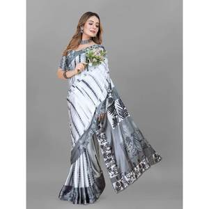 ผ้าส่าหรีพิมพ์ลายดิจิทัลผ้าเครปสไตล์ญี่ปุ่นเสื้อสีเทา - Product Image 1