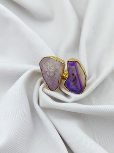 Natural Agate Statement <b>Ring</b> Brass Gold Plated Bezel <b>Set</b> Resizable Tropical Jewelry for <b>Women</b> - Product Image 2