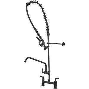 Robinet de cuisine utilitaire mural à deux poignées, noir mat, pour restaurant commercial, avec pulvérisateur de pré-rinçage, design extractible - Product Image 2