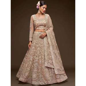 Sparkling Beige Embroidered <b>Net</b> Plus Size Lehenga Choli for Engagement - Product Image 1