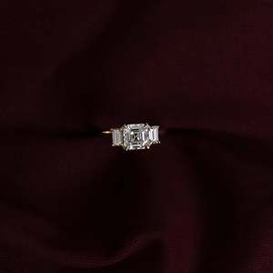14K Solid Gold Emerald & Baguette Cut Lab Grown Diamond Three <b>Stone</b> Engagement Ring IGI Certified Unisex Luxury Trilogy Ring - Product Image 6