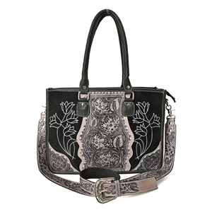 Handcrafted Western Tooled Leather Tote Bag for Women Floral Embossed Cowhide <b>Shoulder</b> Handbag with Detachable <b>Strap</b> - Product Image 1