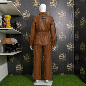 Twill Sports Women's Brown PU Leather Tracksuit Full Sleeve Button Up Collar Drawstring Waist Women's Leather Tracksuit Set - Product Image 3