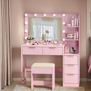 Set Toeletta Rosa a 5 Cassetti e 2 Livelli in Truciolato con Finitura Melaminica, 11 Lampadine Tricolore e Multipresa per Trucco - Product Image 6