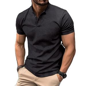 2025 verano hombres Casual deportes pulóver camiseta Henry Collar manga corta 100% algodón sólido estilo de moda Material de lona - Product Image 1