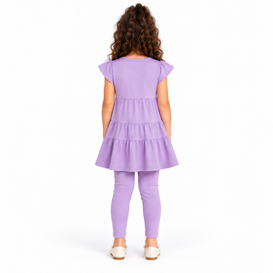 Girls Purple Tiered Tunic <b>Leggings</b> Set Heart Detail Regular Sleeve Kids Two Piece Summer Eco-Friendly Breathable Outfit - Product Image 5