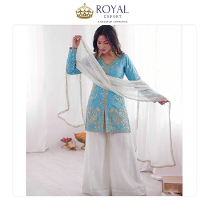 ชุดสูทชาราร่าผ้าไหมเฟนดี้ คอลเลคชั่นนักออกแบบเสื้อผ้าอินเดียสุดหรู พร้อมงานปักเลื่อมและผ้าคลุมไหล่ ขนาดใหญ่พิเศษ - Product Image 6