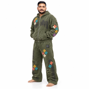 Sudadera con capucha unisex personalizada de forro polar con lavado ácido y cremallera completa, pantalones de chándal de pierna ancha con apliques florales, etiqueta personalizada, chándal informal, proveedores OEM - Product Image 2