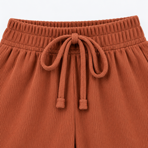 Ensemble de détente côtelé couleur rouille pour femme, T-shirt à manches courtes avec poches et pantalon large à cordon de serrage, tenue décontractée 2 pièces, vente en gros, vêtements OEM - Product Image 5