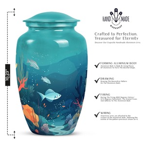 Black Cremation <b>Urn</b> with Fishing Silhouette Design for Adult Ashes Storage Container Decorative <b>Large</b> Aluminium <b>Urn</b> With Lid - Product Image 3