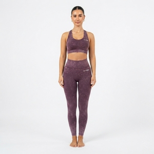 Women Plum Purple Acid Wash Yoga Set <b>Racerback</b> Sports <b>Bra</b> High Waist Leggings Gym Fitness Workout Activewear - Product Image 4