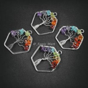 Pendentif en métal rectangulaire fait à la main naturel Style Feng Shui Agate Gemstone Life Tree of Life Design - Product Image 3