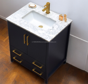 Mueble de tocador de lujo de 30 pulgadas con espejo, de madera maciza y contrachapada azul, con cajones de cierre suave, lavabo individual y encimera de mármol, moderno, para suelo. - Product Image 2