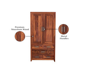 Armoire moderne à 2 portes en bois, armoire de rangement pour vêtements en bois massif Sheesham, armoire multifonctionnelle en bois pour chambre à coucher - Product Image 5