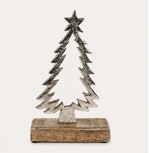 Handcrafted Silver Aluminum Christmas <b>Tree</b> Sculpture With Natural Wood Base Minimalist Metal <b>Tabletop</b> Holiday Decor For Home - Product Image 5