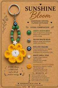 Crochet Flower Crystal Keychain Agate Gemstone <b>Keyring</b> Reiki Evil Eye Protection <b>Charm</b> Handmade Bag Accessory Gift - Product Image 5