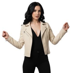 Custom Size Label <b>Cream</b> Leather Motorbike Jacket Women Bulk Wholesale Factory Price Genuine Biker Style Ladies Fashion Coat - Product Image 1