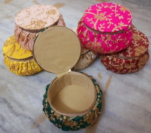 Handcrafted Gota Patti Zardosi Silk Round Jewelry <b>Box</b> Organizers for Women Multi-Color Velvet Lining Decorative Bangle <b>Box</b> - Product Image 1